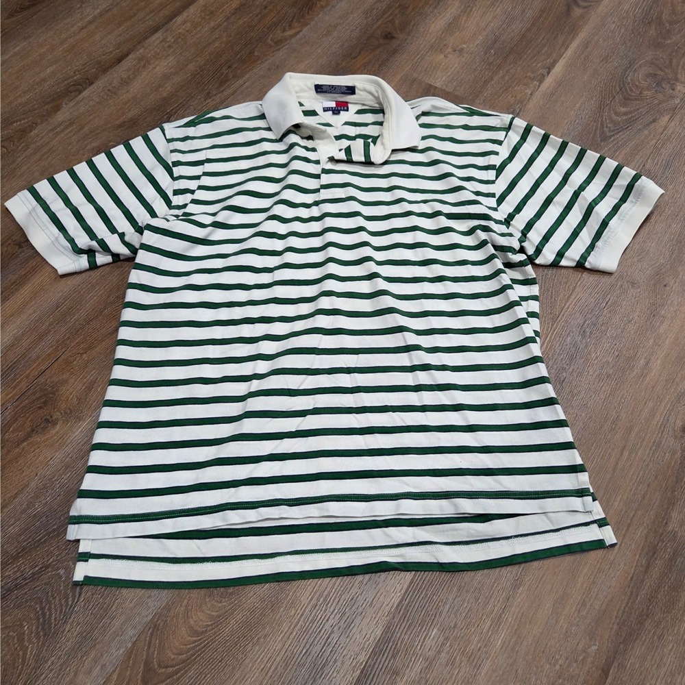Tommy Hilfiger Mens Green White Striped Short Sleeve Polo Shirt Large